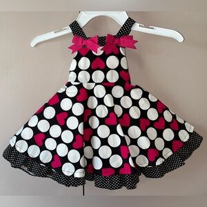 Boutique Baby Sun Dress Black Pink White Polka Dot Heart Bows Infant 3/6 Mo NWT